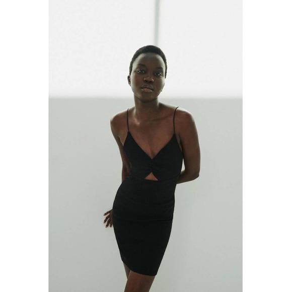 Zara V-Neck Ribbed Mini Bodycon Dress Black Size Small - Picture 6 of 6